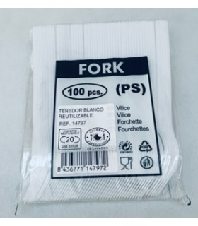 TENEDOR PLAST. BLANCO REUTILIZABLE PAQ/100