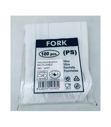 TENEDOR PLAST. BLANCO REUTILIZABLE PAQ/100